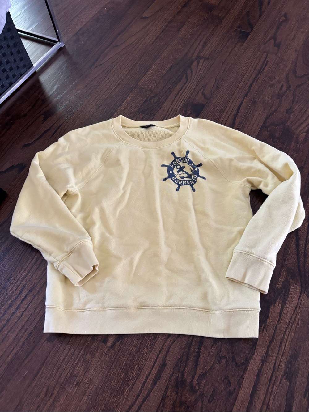 J. Crew Pale Yellow Crewneck Sweatshirt with Navy Emblem